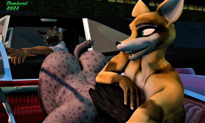 2023 3d_(artwork) anthro ass big_butt canid canine canis car clothing digital_media_(artwork) domizoni driving fellatio female fox group he_wants_to_order hi_res hyena male male/female mammal meme mia_(annoad) nude nude_female oral penile roadhead sex shirt shocked_expression smile source_filmmaker spotted_hyena t-shirt topwear trio vehicle wolf