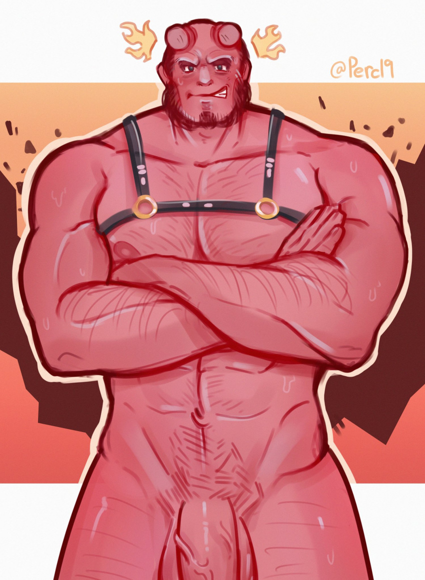 balls bara black_hair blush broken_horn crossed_arms dark_horse demon facial_hair flaccid hellboy hellboy_(series) horns male male_only muscles muscular nude penis red_body red_skin smiling solo solo_male sweaty tail zombie_perc