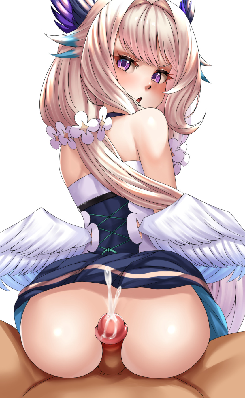 1boy 1girls angel_wings ass ass ass_focus assjob bare_back bare_shoulders blue_hair bottomless butt_focus buttjob ceijin clothed_female_nude_male cream_hair cum cumshot dark-skinned_male dark_skin enna_alouette exposed_back exposed_shoulders female_focus flowers flowers_in_hair hair_wings head_wings interracial light-skinned_female light_skin looking_at_viewer looking_back male_pov nijisanji nijisanji_en no_panties penis penis_between_ass penis_between_cheeks purple_eyes two_tone_hair uncensored virtual_youtuber white_background white_hair wings