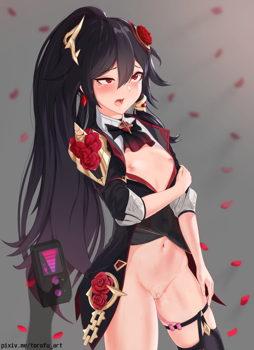 absurdres alternate_costume belly black_hair black_thighhighs blush breasts clenched_hands closed_mouth cum dress female flower fu_hua fu_hua_(blood_voivode) fu_hua_(shadow_knight) garter_straps hair_between_eyes hair_flower hair_ornament high_ponytail highres honkai_(series) honkai_impact_3rd long_hair long_sleeves looking_at_viewer navel nipples official_alternate_costume ponytail pussy red_eyes red_flower rose small_breasts solo thighhighs thighs torofu vampire watermark web_address