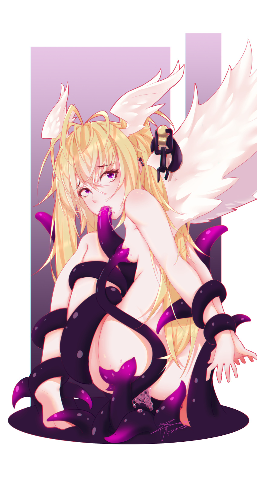 absurdres angel_wings blonde_hair breasts completely_nude ergoujiya female gradient_background head_wings highres hoshina_utau long_hair multi_wing multicolored_background nude purple_background purple_eyes seraphic_charm shugo_chara! small_breasts solo tentacle tentacle_in_mouth white_background wings