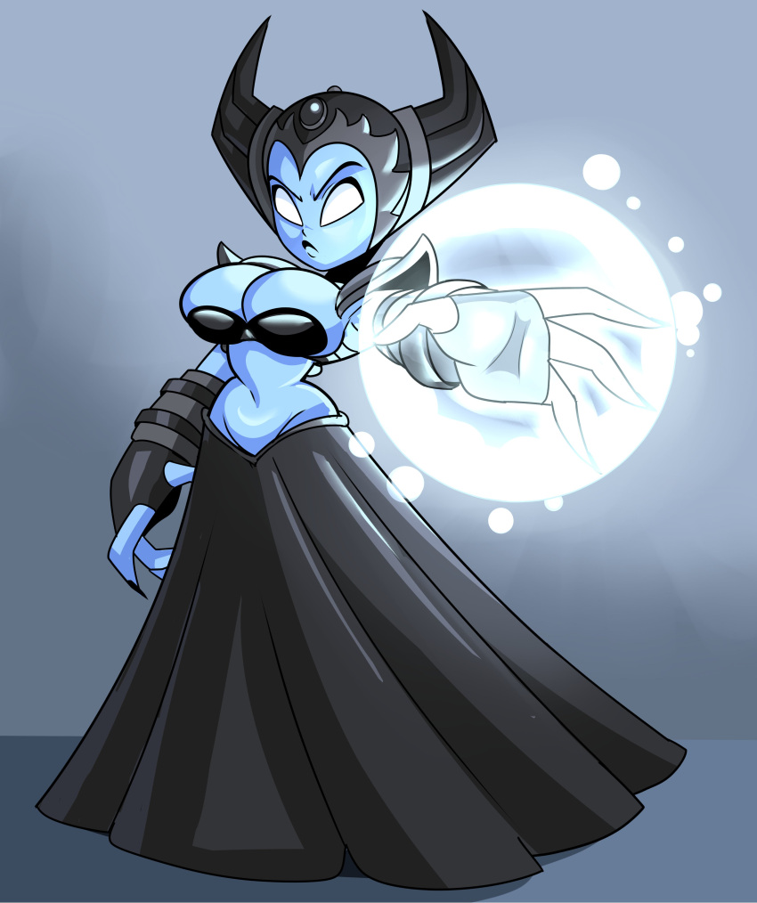 bikini_top black_lipstick black_nails black_skirt blue_skin gauntlets helmet hex_(skylanders) horns huge_breasts magic shirtless skylanders superspoe tagme white_eyes