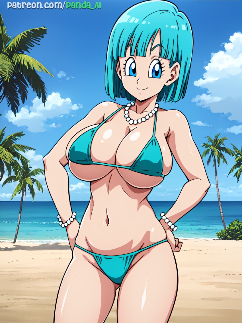 1girls absurd_res absurdres ai_generated anime_style beach bikini bikini_bottom bikini_top blue_eyes blue_hair bracelet breasts bulma_briefs dragon_ball dragon_ball_super dragon_ball_z female high_resolution highres huge_breasts large_breasts looking_at_viewer necklace panda-ai panda_ai pearl_necklace stable_diffusion thigh_gap thighs