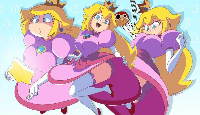 1girls big_breasts blonde_hair blue_eyes coolerinker dress egoraptor_(style) female female_focus female_only inker_comics inkershike large_breasts looking_at_viewer mario_(series) multiple_views nintendo princess_peach princess_peach_(starbomb) solo starbomb style_parody thick_thighs wide_hips wide_thighs