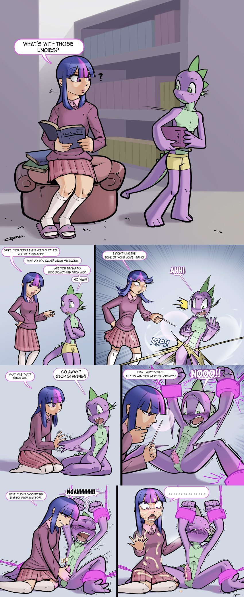 absurd_res anthro assisted_exposure bondage bound clothing comic dialogue dragon english_text female forced forced_orgasm friendship_is_magic garam handjob hasbro hi_res human human_female human_on_anthro humanized magic male male/female mammal my_little_pony orgasm penile sex smooth_skin speech_bubble spike_(mlp) submissive submissive_male torn_clothing twilight_sparkle_(mlp) young