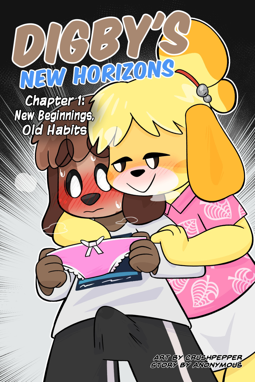 absurd_res animal_crossing anthro blouse blush bodily_fluids bottomwear bow_panties bow_underwear brother brother_and_sister brown_nose bulge canid canine canis clothing comic cover cover_art cover_page crushpepper digby_(animal_crossing) domestic_dog duo embarrassed female frilly frilly_clothing frilly_panties frilly_underwear genital_fluids hi_res holding_clothing holding_object holding_panties holding_underwear imminent_incest incest isabelle_(animal_crossing) male mammal musk musk_clouds nintendo panties pink_clothing pink_panties pink_underwear precum precum_through_clothing shirt shorts sibling side_hug sister skirt sweat text topwear underwear wet wet_clothing