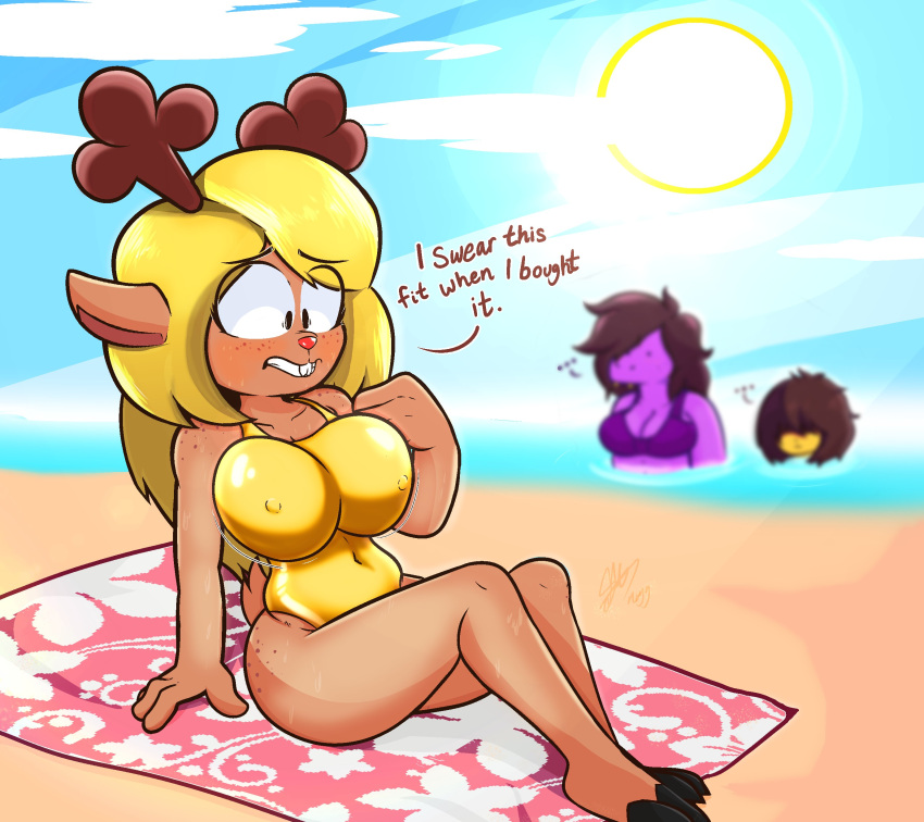 2023 absurd_res anthro beach big_breasts bikini blush breasts capreoline clothing curvy_figure deer deltarune digital_drawing_(artwork) digital_media_(artwork) embarrassed female fingers glistening glistening_clothing hi_res hooved_fingers hooves horn human humanoid kris_(deltarune) lizard mammal nipple_outline noelle_holiday nuggnogg red_nose reindeer reptile scalie seaside solo summer sun susie_(deltarune) swimwear tight_clothing tight_fit undertale_(series) voluptuous voyeur water