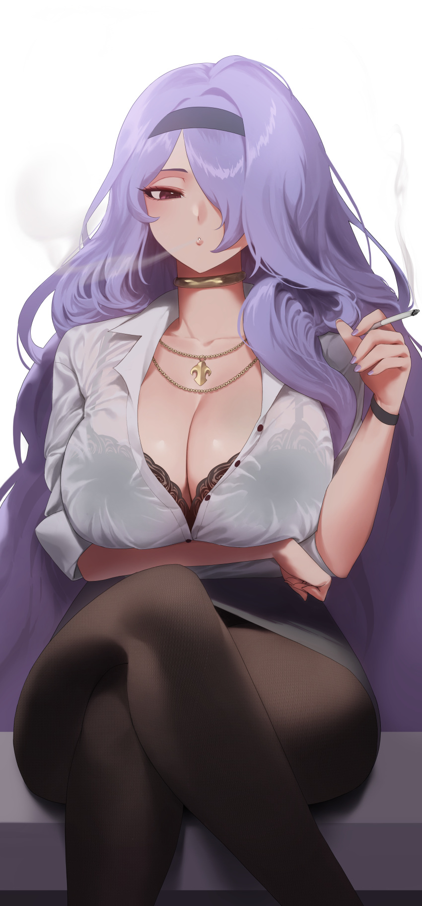 1girls absurd_res absurdres alternate_costume arm_under_breasts black_skirt black_wristband bra bra_visible_through_clothes breasts business_suit camilla_(fire_emblem) choker cigarette cleavage clothed commission contemporary crossed_legs dress_shirt female female_only fire_emblem fire_emblem_fates formal hair_over_one_eye headband high-waist_skirt highres hips holding holding_cigarette huge_breasts jewelry lingerie lips long_hair long_sleeves looking_at_viewer mature_female necklace nintendo nose office_lady open_mouth pantyhose partially_unbuttoned pencil_skirt purple_eyes purple_hair red_eyes shirt short_skirt simple_background sitting skirt sleeves_rolled_up smoke smoking solo suit thick_thighs thighs underwear very_long_hair wavy_hair white_shirt yohu08