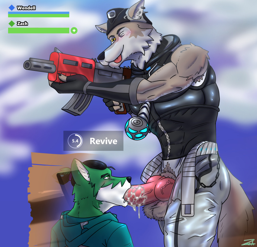 absurd_res animal_genitalia animal_penis anthro ass balls blep bodily_fluids bottomwear brown_body brown_fur canid canine canine_genitalia canine_penis canis clothed clothing digital_media_(artwork) duo ear_piercing ear_ring epic_games erection fingerless_gloves fingers fortnite fur game_ui gameplay_mechanics genital_fluids genitals gloves hair handwear hat headgear headwear hi_res knot male male/male mammal open_mouth oral oral_penetration penetration penile penis piercing precum ring_piercing sex simple_background smile text tongue tongue_out topwear unbuckled_belt wendell_(fortnite) white_body white_fur wolf zachary_aethern zachsroom