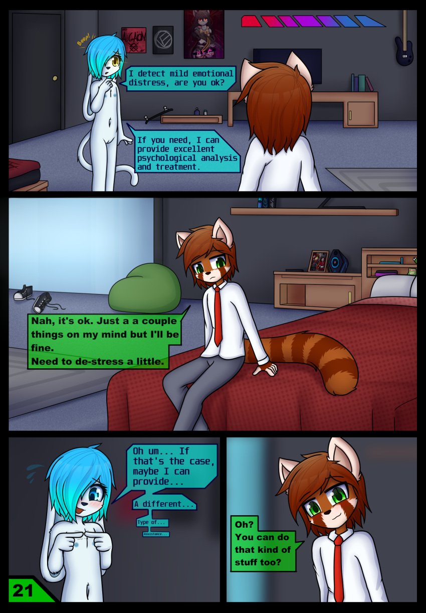 ailurid anthro clothing comic dialogue dream_mirage duo english_text female flat_chested genitals hi_res machine male mammal nipples nude page_21 page_number red_panda robot school_uniform teenager text uniform unknown_species young