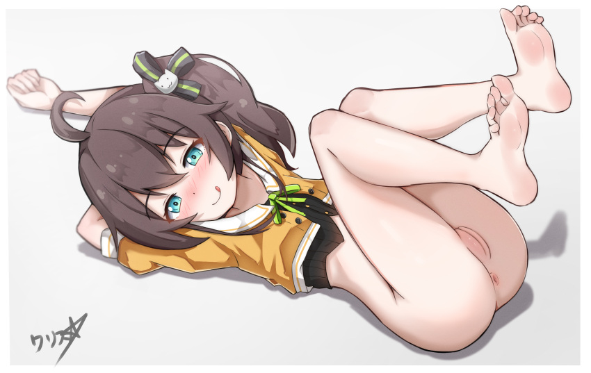 :q ahoge anus aqua_eyes ass barefoot black_camisole blush boppin bottomless brown_hair camisole cat_hair_ornament cleft_of_venus closed_mouth commentary crop_top cropped_jacket crossed_bangs feet female green_ribbons hair_between_eyes hair_ornament hair_ribbon highres hololive hololive_gen_1 hololive_japan jacket legs legs_up looking_at_viewer lying medium_hair natsuiro_matsuri neck_ribbon nose_blush on_back orange_jacket pinstripe_camisole pinstripe_pattern pussy ribbon short_sleeves side_ponytail soles solo striped toes tongue tongue_out virtual_youtuber