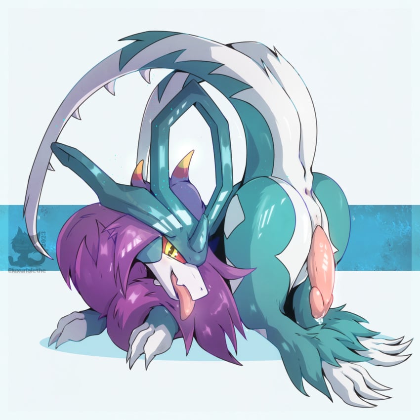 2023 2_tails abstract_background absurd_res ancient_pokemon animal_genitalia anus ass blue_body blue_fur bodily_fluids claws erection feral finger_claws fur genital_fluids genital_slit genitals hi_res looking_at_viewer luxuria male multi_tail nintendo open_mouth paradox_pokemon penis pokemon pokemon_(species) precum presenting presenting_anus presenting_hindquarters presenting_penis purple_body purple_fur raised_tail red_sclera shaded slit snout solo tail toe_claws tongue tongue_out walking_wake watermark white_body white_fur yellow_eyes