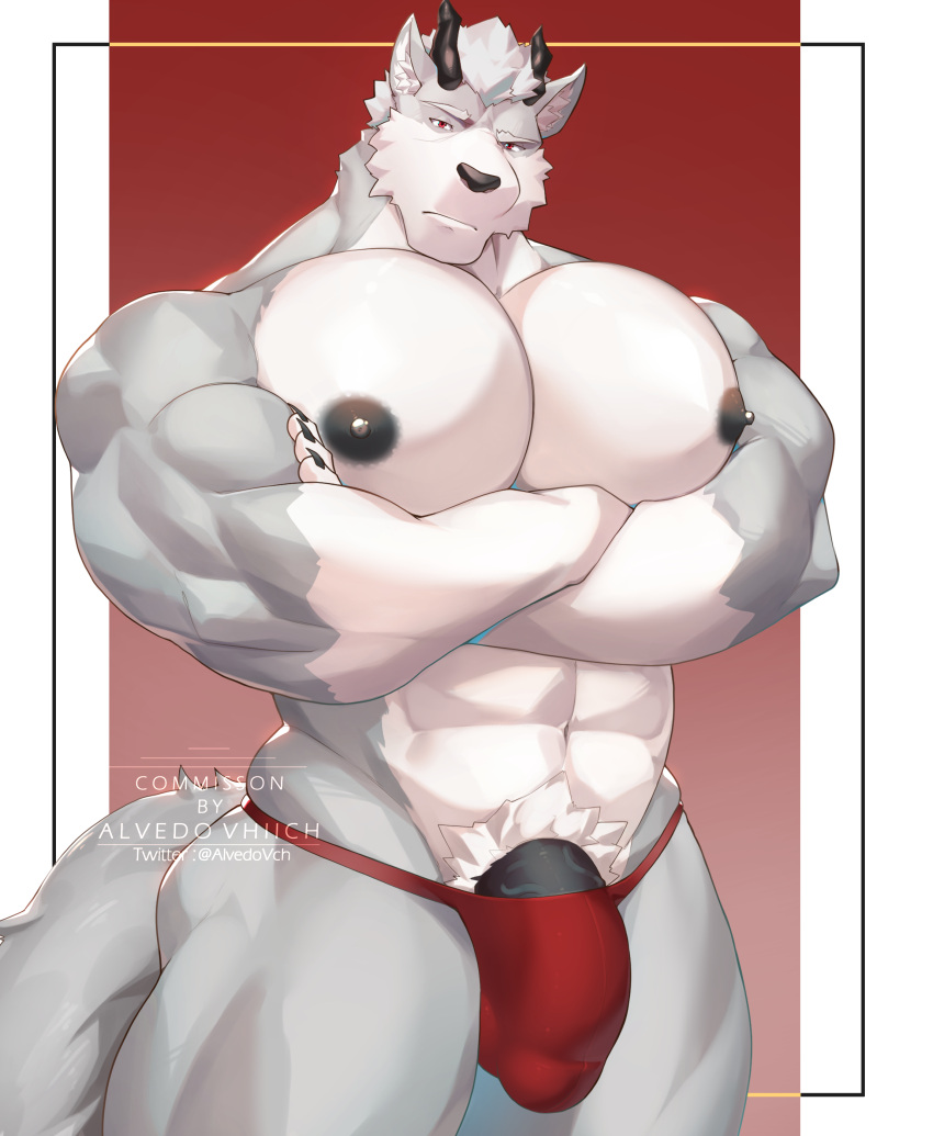 1boy abs absurd_res alvedo_vhiich anthro arms_crossed_under_pecs barazoku biceps black_nipples black_nose bulge canid canine canis clothed clothing crossed_arms digital_media_(artwork) fur genitals grey_body grey_fur hair hi_res horn humanoid_genitalia humanoid_penis jhar_othim_(character) looking_at_viewer male male_only mammal muscular muscular_anthro muscular_male nipples partially_clothed pecs penis red_eyes simple_background solo speedo speedo_only swimwear tail topless topless_anthro topless_male underwear vein veiny_penis white_body white_fur white_hair wolf