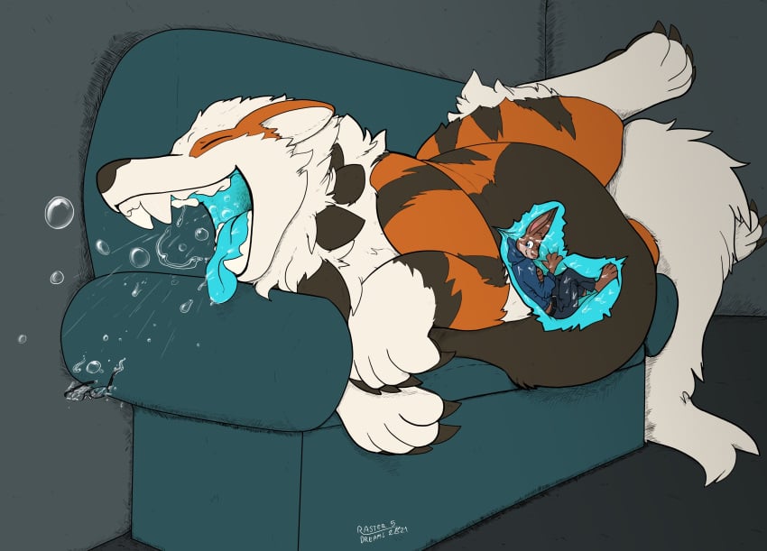 2021 anthro arcanine belly big_belly blue_mouth burping burping_up_glasses burping_up_object closed_eyes digital_drawing_(artwork) digital_media_(artwork) duo ears_down fatescanner feral fully_inside furniture generation_1_pokemon hi_res inside_stomach internal lagomorph leporid lying male mammal nintendo on_back on_side on_sofa open_mouth pivoted_ears pokemon pokemon_(species) rabbit raised_leg raster_dreams signature sofa tongue vore