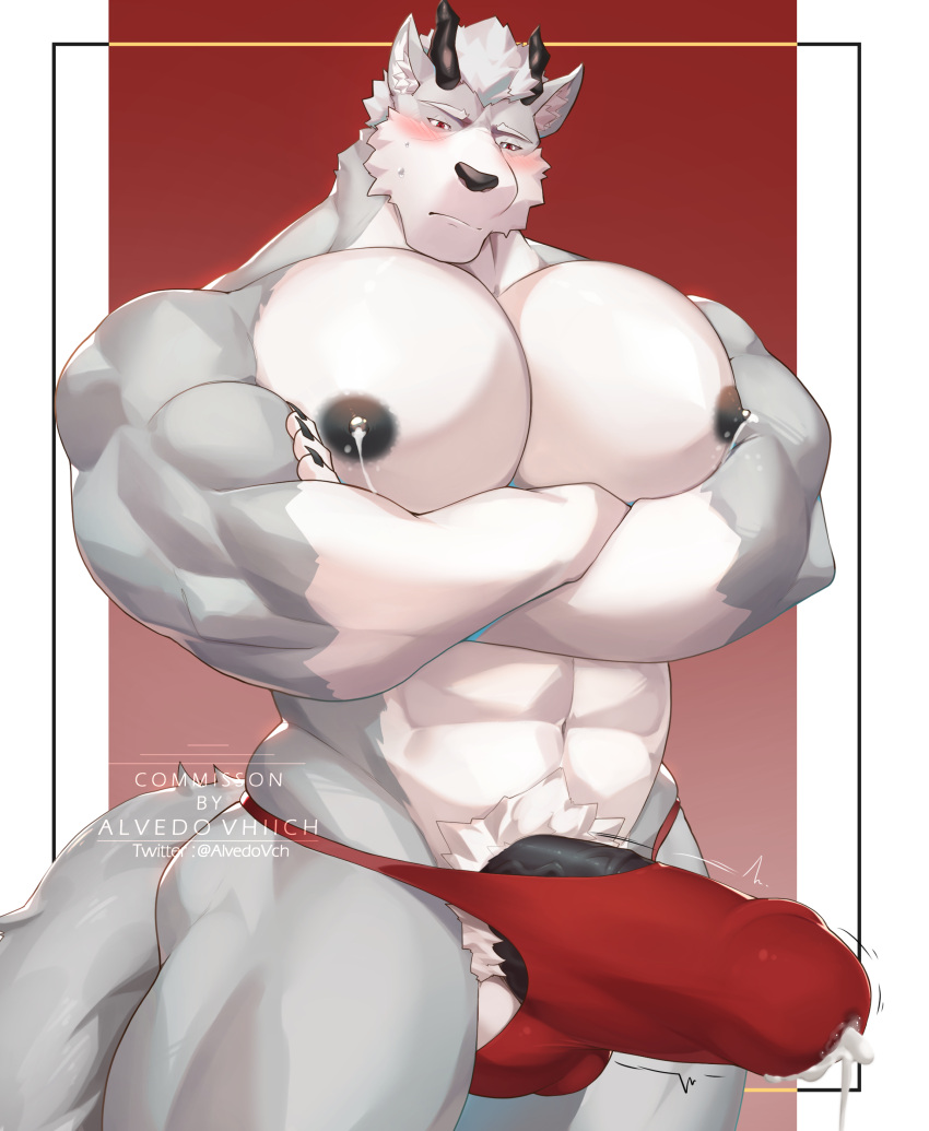 1boy abs absurd_res alvedo_vhiich anthro arms_crossed_under_pecs balls barazoku biceps black_nipples black_nose bodily_fluids bulge canid canine canis clothed clothing crossed_arms cum cum_in_clothing cum_through_clothing digital_media_(artwork) fur genital_fluids genitals grey_body grey_fur hair hi_res horn humanoid_genitalia humanoid_penis jhar_othim_(character) lactating looking_at_viewer male male_lactation male_only mammal muscular muscular_anthro muscular_male nipples partially_clothed pecs penis simple_background solo speedo speedo_only swimwear tail topless topless_anthro topless_male underwear vein veiny_penis wet wet_clothing white_body