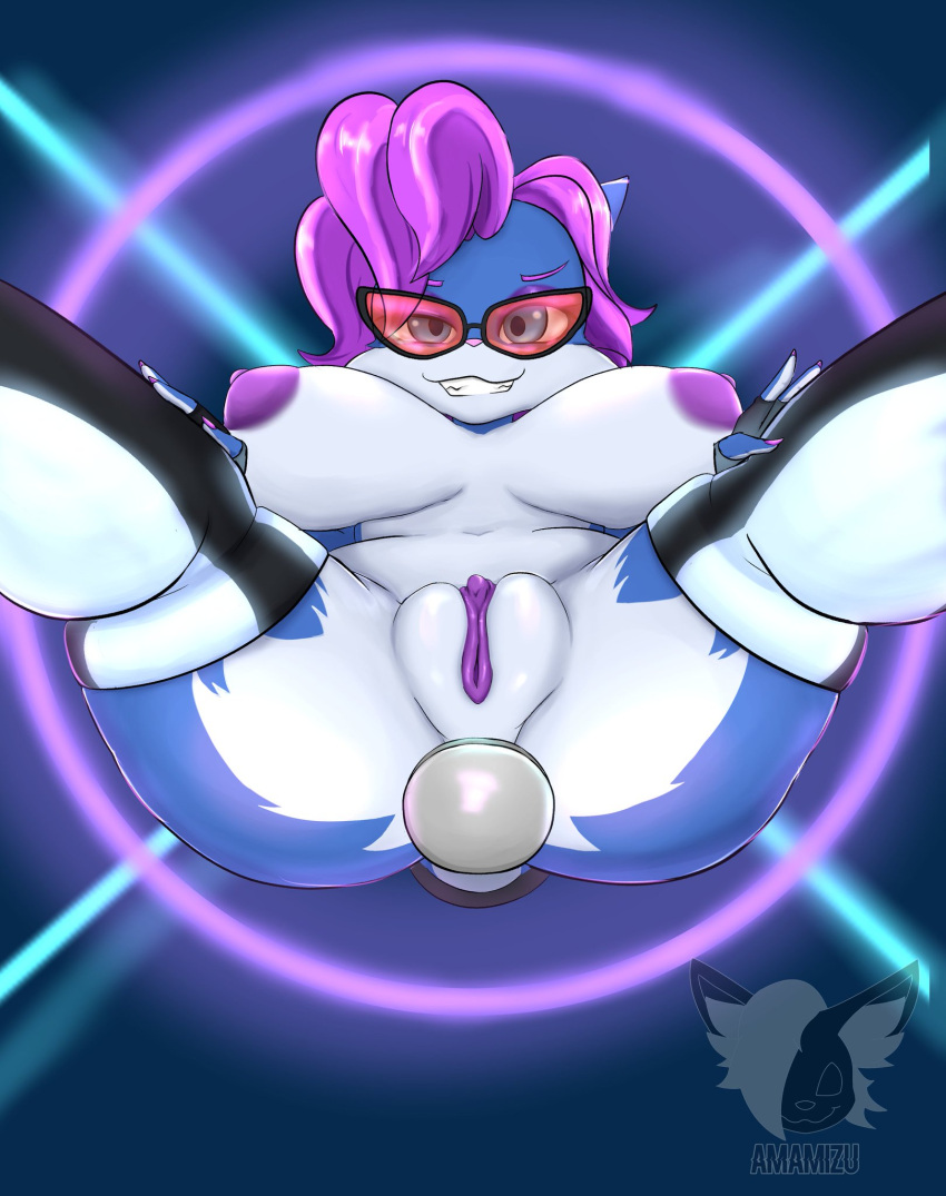 amamizu_sl anthro anthro_only big_breasts blue_eyes breasts buttplug clothing eyewear female fur genitals hair hands_on_knees hands_on_legs hi_res legwear low-angle_view multicolored_body multicolored_fur nipples paladins pepper_(paladins) plug_(sex_toy) purple_hair purple_nipples purple_pussy pussy sex_toy solo sunglasses thigh_highs worm's-eye_view