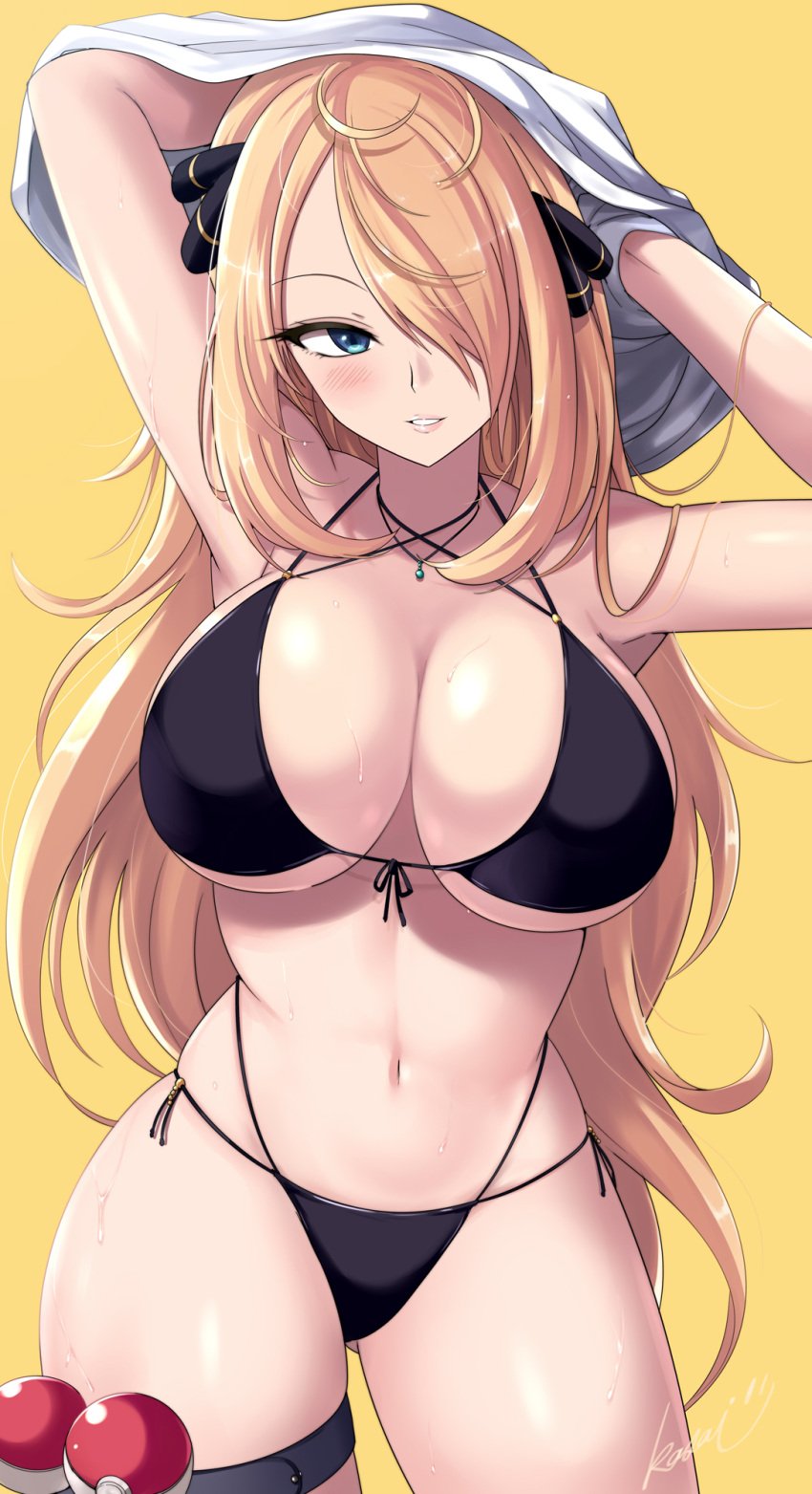 1girls alternate_breast_size bikini black_bikini blonde_hair breasts cleavage cynthia_(pokemon) female game_freak hair_over_one_eye huge_breasts kasai_shin light-skinned_female light_skin long_hair massive_breasts nintendo pokemon pokemon_dppt thick_thighs wide_hips