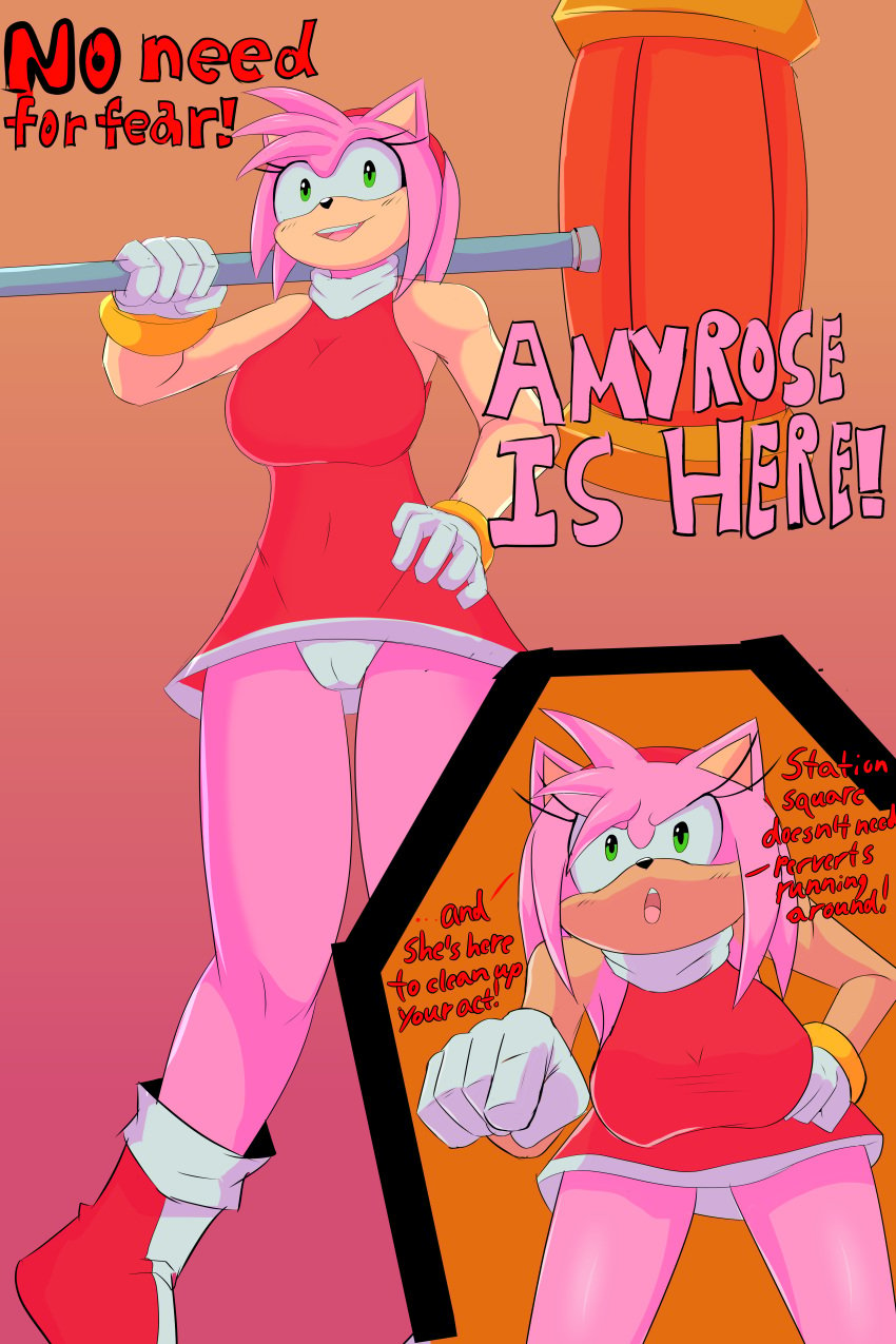 amy_rose bending_forward bending_over comic comic_page english english_text female_focus female_only furry green_eyes hammer hedgehog shoobiedoobie12 smiling smiling_at_viewer solo sonic_(series) sonic_the_hedgehog_(series)