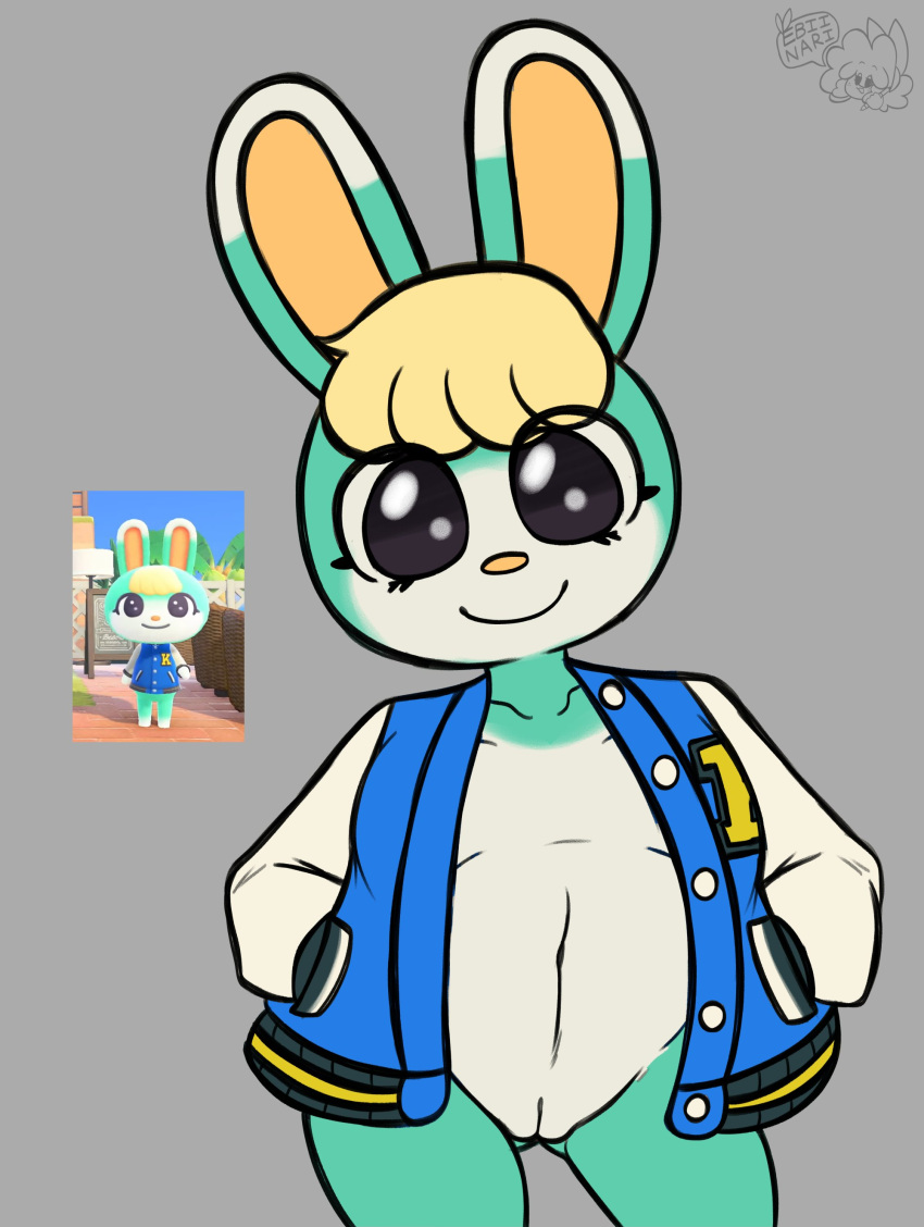 1cuntboy absurd_res andromorph animal_crossing anthro black_eyes blue_body blue_fur cuntboy ebiinari femboy fur genitals girly hands_in_both_pockets happy hi_res intersex jacket_only lagomorph leporid mammal navel nintendo pussy rabbit rule_63 sasha_(animal_crossing) solo