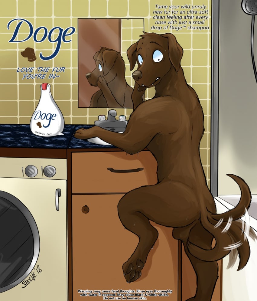 advertisement after_transformation appliance backsack balls bathroom bathtub brown_body brown_fur cabinet canid canine canis domestic_dog english_text feral fur furniture genitals hi_res inside male mammal mirror_selfie motion_lines nervous nervous_sweat nude on_one_leg paw_on_muzzle pawpads paws reflection selfie shampoo shocked shocked_expression sink solo standing stickmanwww tail tail_motion tailwag text