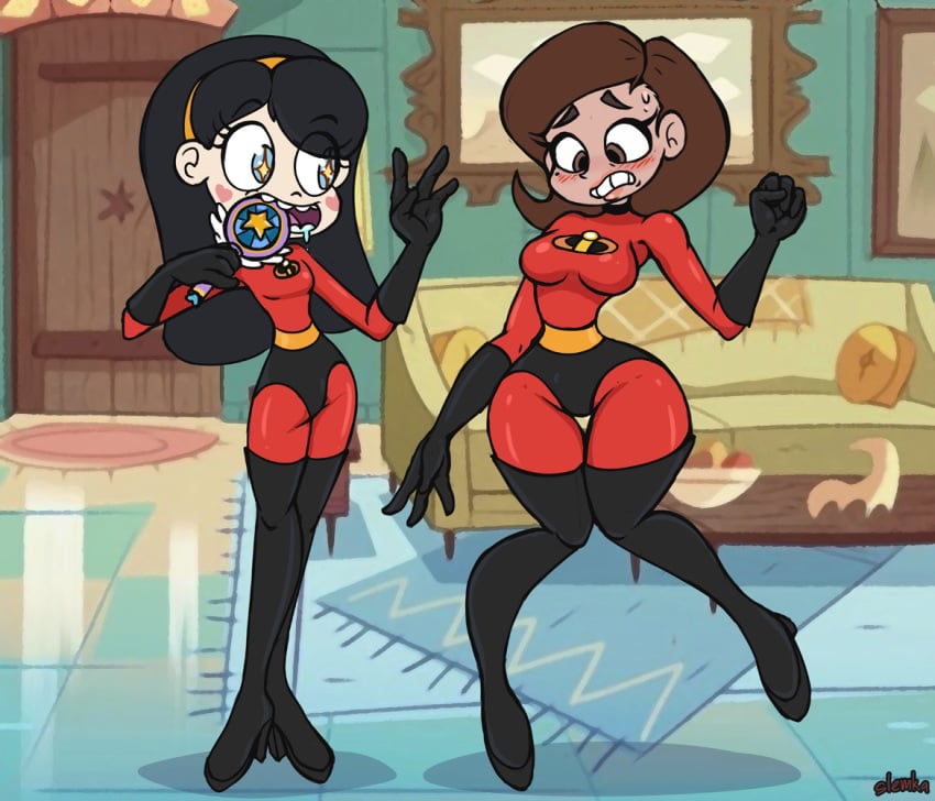 2girls accurate_art_style big_ass disney elastigirl female female_only genderswap_(mtf) helen_parr hourglass_figure huge_breasts large_ass marco_diaz multiple_girls pixar princess_marcia princess_marco rule_63 slemka smooth_skin star_butterfly star_vs_the_forces_of_evil the_incredibles thick_thighs violet_parr voluptuous wide_hips