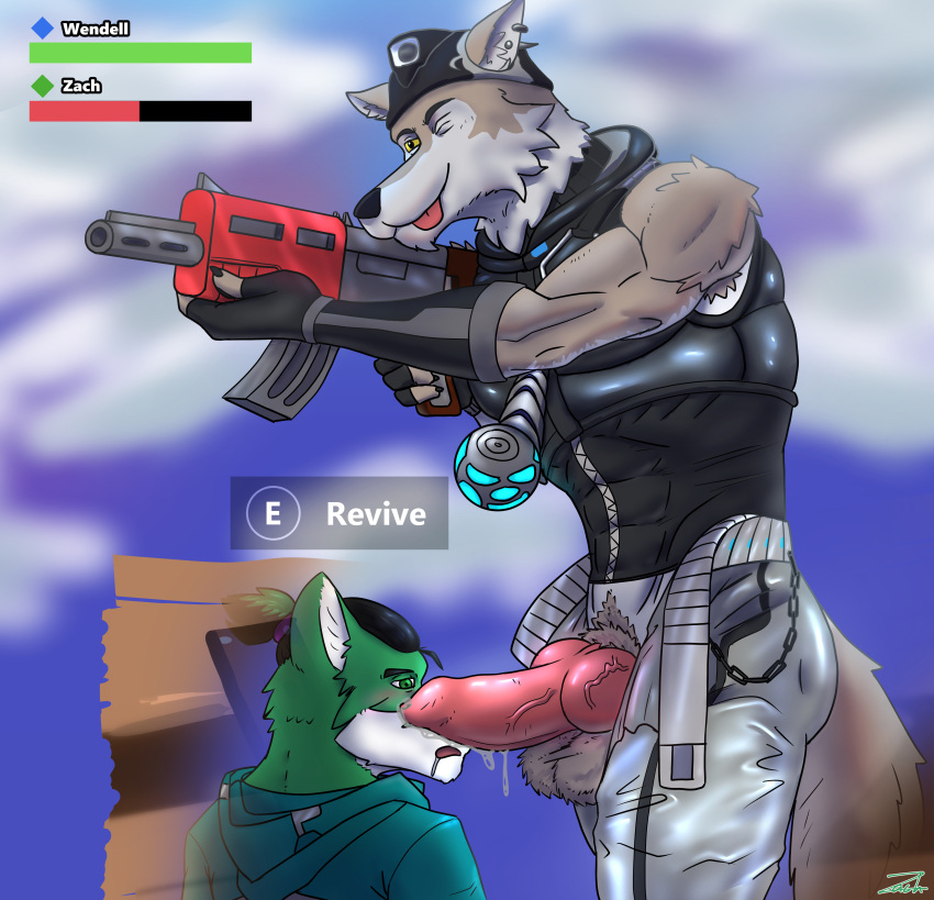 absurd_res animal_genitalia animal_penis anthro ass balls blep bodily_fluids bottomwear brown_body brown_fur canid canine canine_genitalia canine_penis canis clothed clothing digital_media_(artwork) duo ear_piercing ear_ring epic_games erection fingerless_gloves fingers fortnite fur game_ui gameplay_mechanics genital_fluids genitals gloves hair handwear hat headgear headwear hi_res knot male male/male mammal open_mouth penile penis piercing precum ring_piercing simple_background smile text tongue tongue_out topwear unbuckled_belt wendell_(fortnite) white_body white_fur wolf zachary_aethern zachsroom