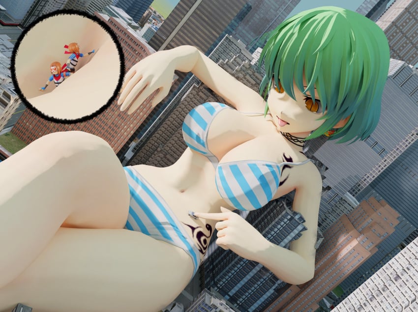 1girls 3d 3d_(artwork) alternate_version big_breasts bikini breasts building building_destruction buildings city commission giantess green_hair hikage_(senran_kagura) looking_down macro pohretra relaxing senran_kagura snake_eyes tattoo thighs tongue tongue_out video_game white_skinned_female zoom_in