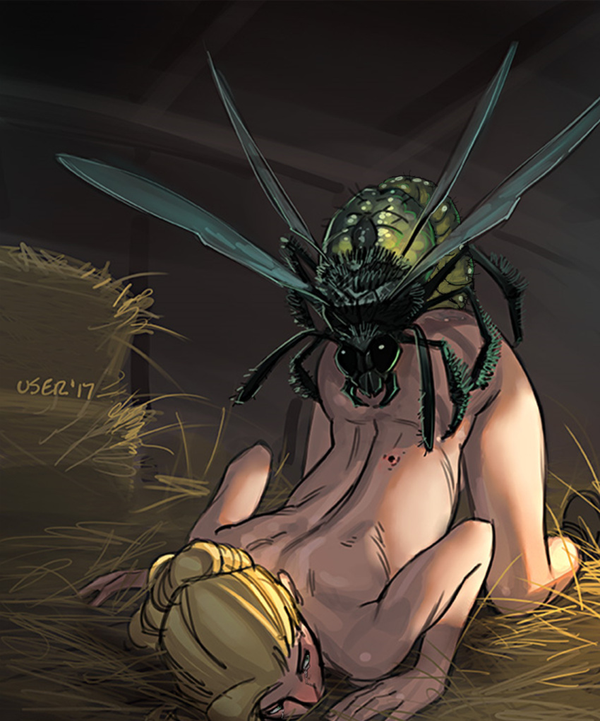 artist_request bent_over blonde_hair copyright_request crying female hair_bun hands_on_ground hay highres implied_sex insect insects looking_back monster_rape non-web_source nude rape sex sex_from_behind shoes tears top-down_bottom-up wasp wings zoophilia