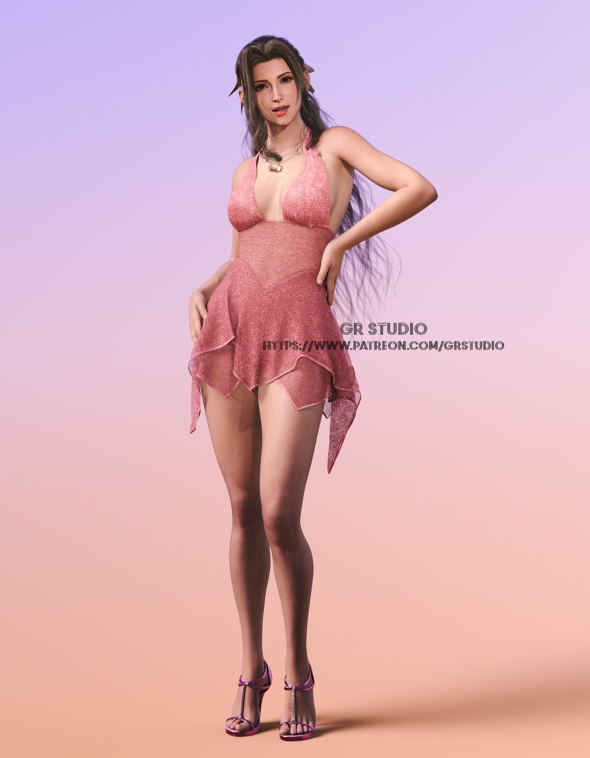 1girls 3d aerith_gainsborough brown_hair final_fantasy final_fantasy_vii final_fantasy_vii_remake giorgio_rendering gr_studio high_heels looking_at_viewer posing smooth_skin