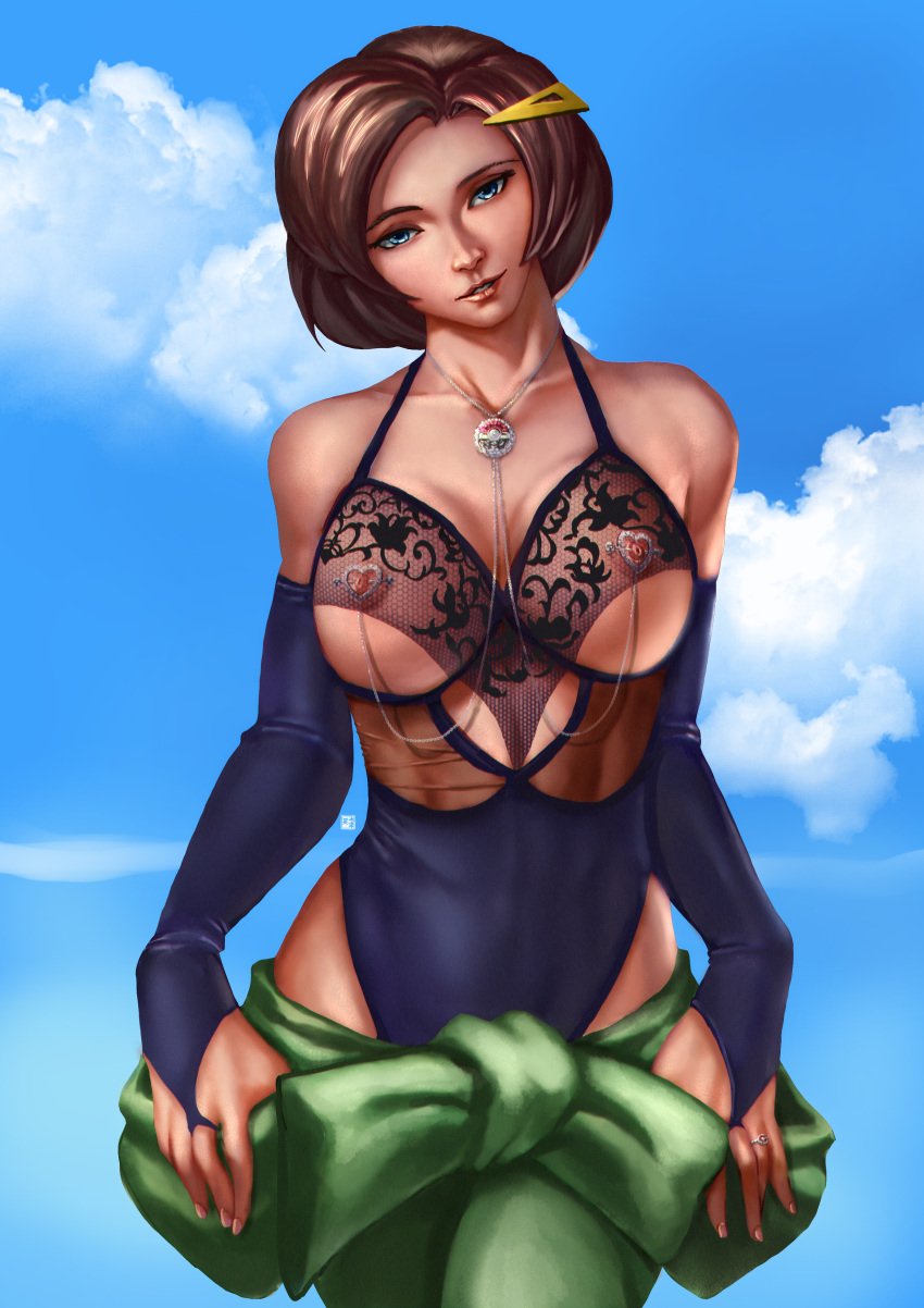 blue_eyes body_jewelry bridal_gauntlets brown_hair cric elbow_gloves fishnet game_freak gloves grace_(pokemon) hairclip heart_piercing jumpsuit lingerie looking_at_viewer milf mother necklace nintendo nipple_piercing pierced_nipples piercings pokemon pokemon_xy ring seductive_eyes seductive_look seductive_smile short_hair teddy_(clothing) underboob underwear undressing