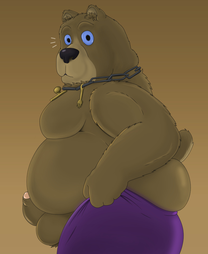 2023 absurd_res alternate_version_at_source anthro ass baby_bear balls bear belly big_belly biped black_nose bottomwear bottomwear_pull brown_balls brown_body brown_fur brown_inner_ear_fluff brown_penis clothing clothing_pull clothing_too_small digital_media_(artwork) dreamworks erection fathyhell fur genitals hi_res humanoid_genitalia humanoid_penis inner_ear_fluff looking_down male mammal meme meme_clothing moobs mouth_closed obese obese_male overweight overweight_anthro overweight_male pants pants_pull penis pulling_up_pants purple_bottomwear purple_clothing purple_pants puss_in_boots_(dreamworks) puss_in_boots_the_last_wish side_view simple_background solo tight_pants_(meme) tuft