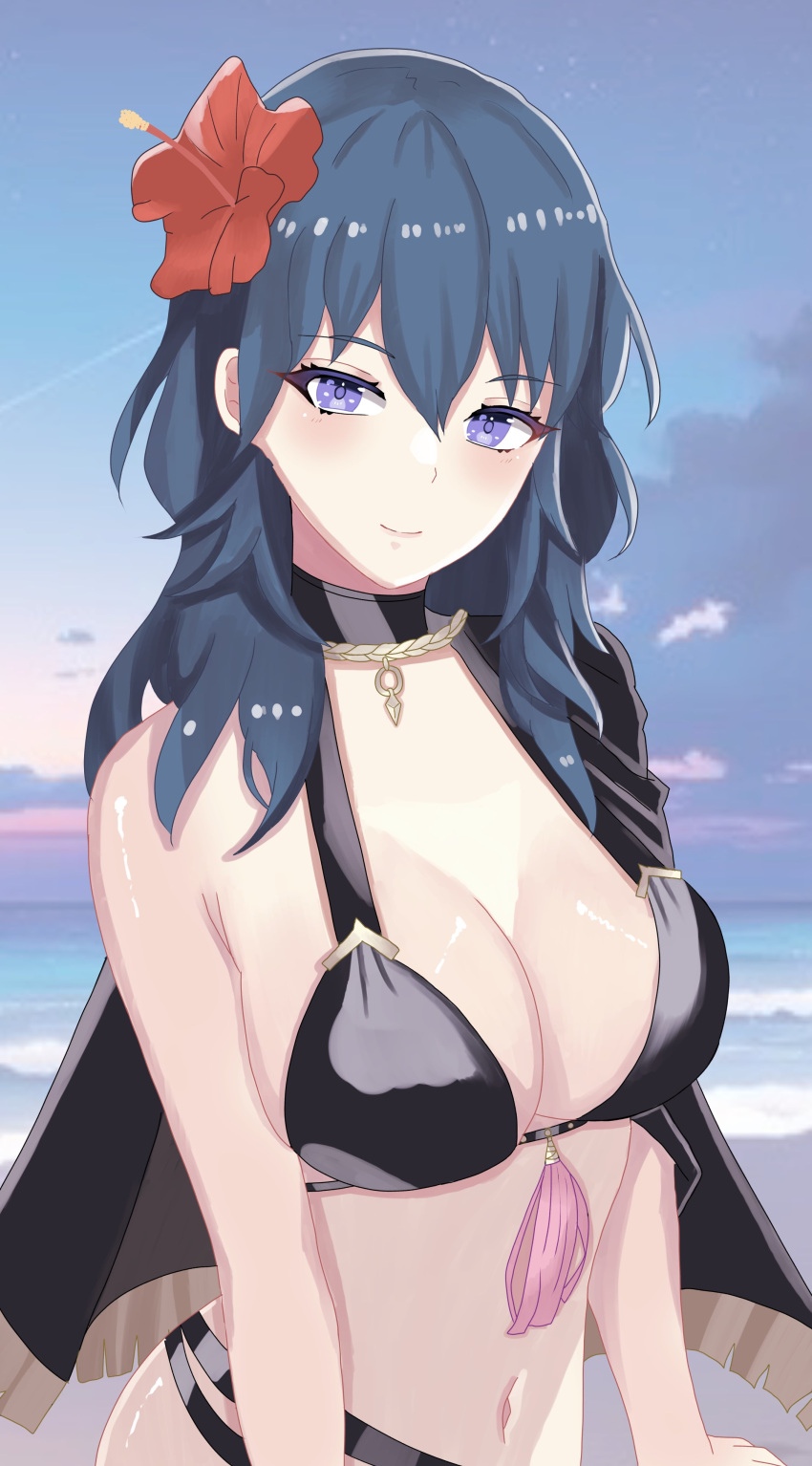 1girls absurdres alternate_costume bikini black_bikini black_cape black_swimsuit breasts byleth_(female)_(fire_emblem) byleth_(female)_(summer)_(fire_emblem) byleth_(fire_emblem) byleth_(fire_emblem)_(female) cape cloud cloudy_sky collar female female_only fire_emblem fire_emblem:_three_houses fire_emblem_heroes flower green_hair hair_flower hair_ornament hibiscus highres looking_at_viewer medium_hair n_54 nintendo ocean off_shoulder official_alternate_costume purple_eyes sky solo swimsuit