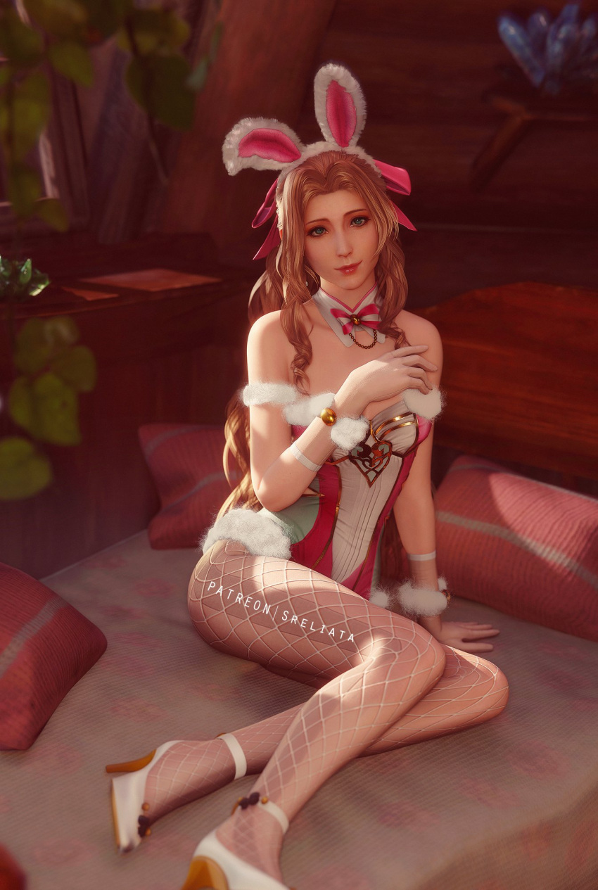 3d aerith_gainsborough brown_hair bunnysuit final_fantasy final_fantasy_vii final_fantasy_vii_remake green_eyes looking_at_viewer smooth_skin sreliata_(artist)