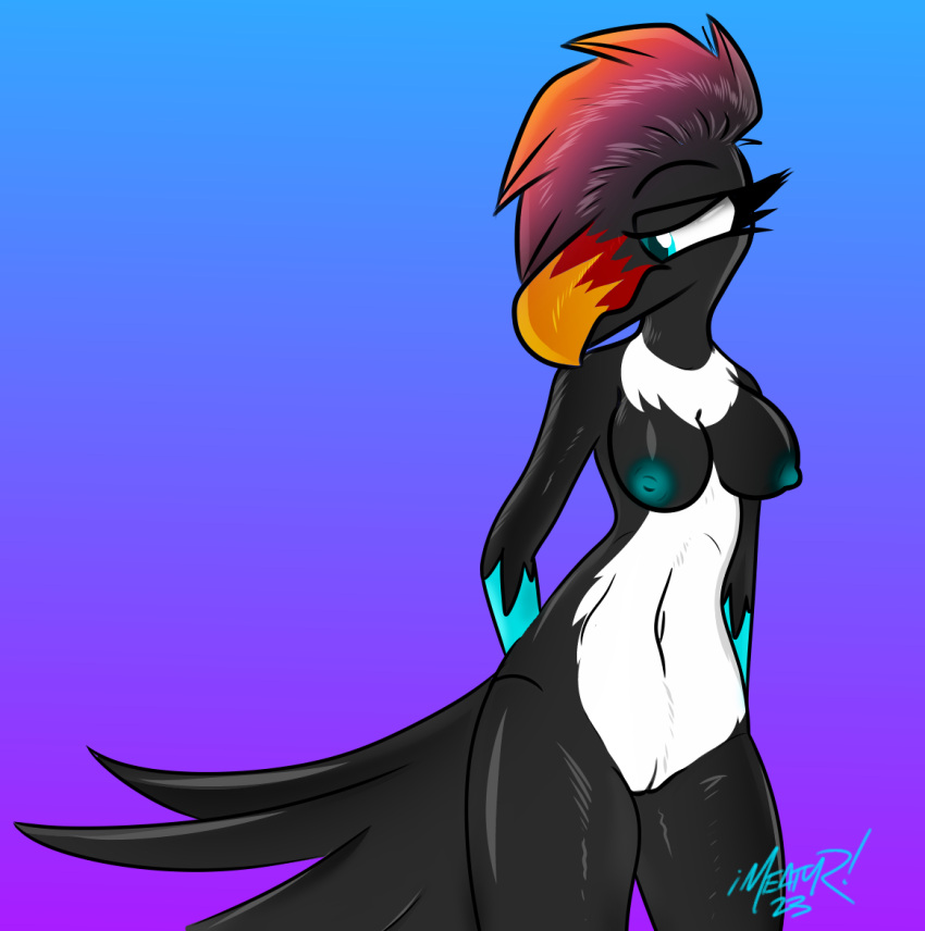 anthro avian belly bioluminescence bird blue_eyes blue_nipples breasts caster_(meatyr) dyed_feathers embarrassed exhibitionism eyelashes female glistening glowing meatyr nipples nude solo toucan white_belly