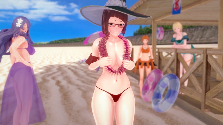 3d 4girls alternate_costume barefoot beach bike_shorts bikini bikini_bottom bikini_shorts blonde_hair breasts camilla_(fire_emblem) camilla_(summer)_(fire_emblem) cleavage dume exhibitionism female female_only fire_emblem fire_emblem:_three_houses fire_emblem_awakening fire_emblem_fates fire_emblem_heroes glasses green_bikini green_swimsuit hat humiliation ingrid_brandl_galatea ingrid_brandl_galatea_(summer) innertube lei leonie_pinelli leonie_pinelli_(summer) long_hair miriel_(fire_emblem) multiple_girls navel nintendo off-shoulder_bikini off-shoulder_swimsuit official_alternate_costume orange_bikini orange_hair orange_swimsuit outdoors public public_humiliation public_nudity purple_bikini purple_hair purple_swimsuit red_bikini red_hair red_swimsuit sarong see-through short_hair topless witch_hat