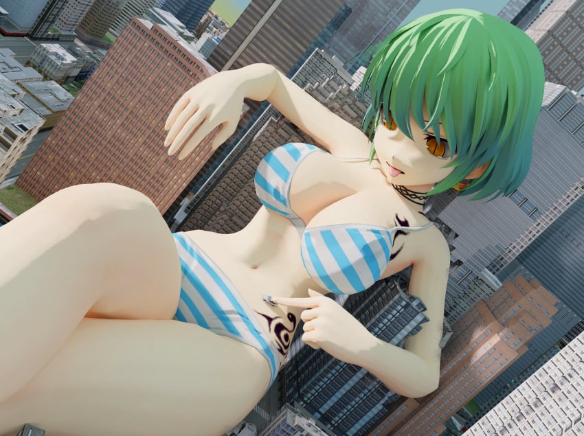 1girls 3d 3d_(artwork) big_breasts bikini breasts building building_destruction buildings city giantess green_hair hikage_(senran_kagura) looking_down macro pohretra relaxing senran_kagura snake_eyes tattoo thighs tongue tongue_out video_game white_skinned_female