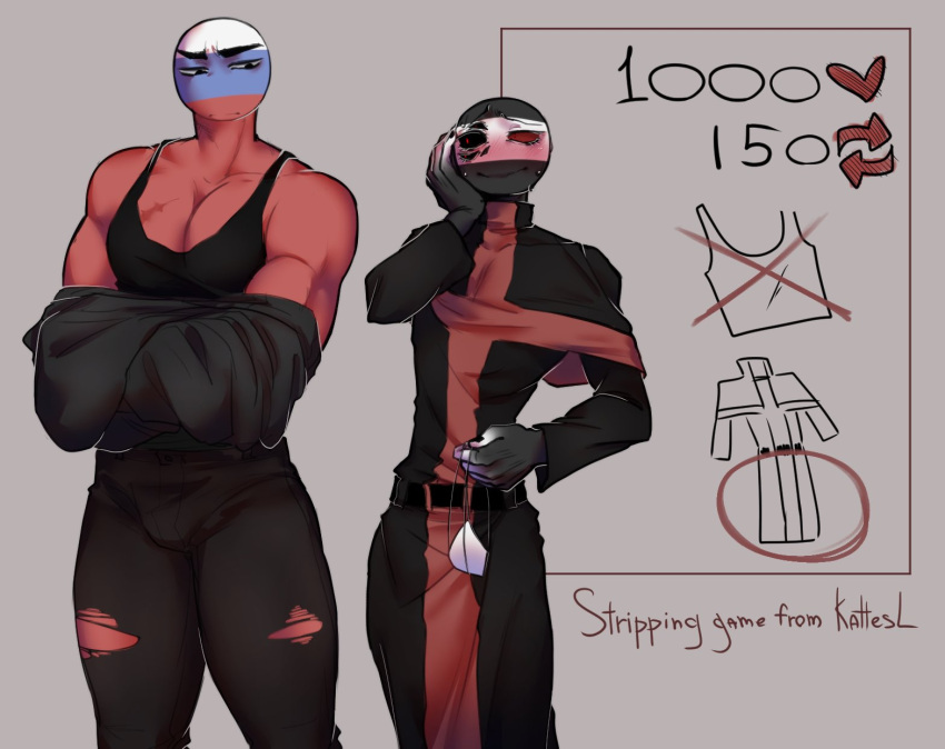 black_tank_top bulge countryhumans muscular muscular_male nervous prussia_(countryhumans) ripped_pants russia_(countryhumans) strip_game tank_top thick_thighs undressing