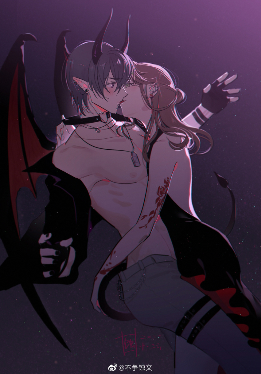 1boy 1girls abs demon demon_boy demon_horns demon_tail demon_wings female horns kissing male marius_von_hagen mihoyo rosa_(tears_of_themis) straight tagme tail tears_of_themis topless topless_male wings