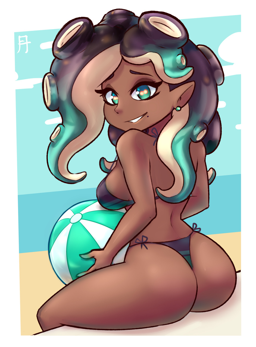 1girls alex_toons alternate_costume ass beach bikini dark-skinned_female dat_ass female female_only marina_(splatoon) nintendo ocean sand sea seaside sideboob solo splatoon splatoon_(series) splatoon_2 striped_bikini striped_swimsuit swimsuit tagme water