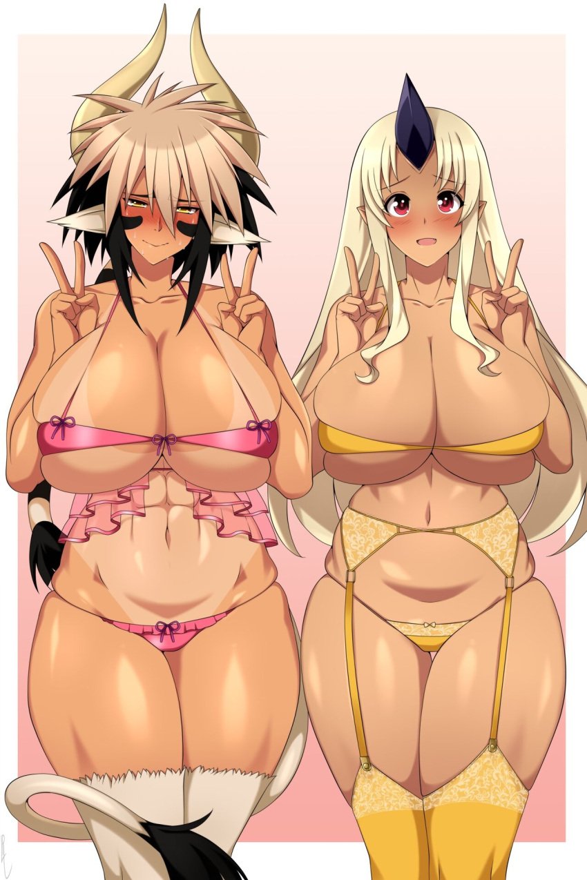 2girls bra cathyl_(monster_musume) cow_girl female female_only lindaroze lingerie minotaur_girl monster_girl monster_musume_no_iru_nichijou multiple_girls ogre_girl panties tionishia_(monster_musume)