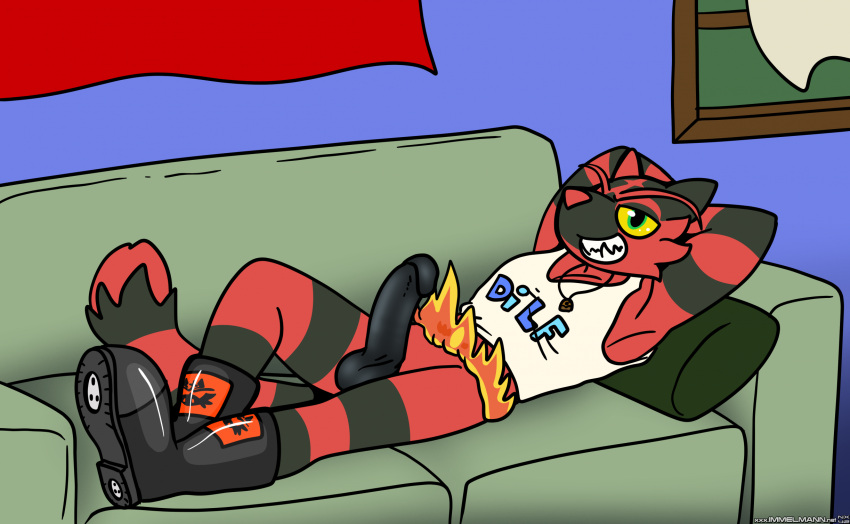 1boy anthro anthro_only black_boots black_clothing black_footwear black_penis boots clothing erection footwear furniture generation_7_pokemon genitals hi_res immelmann incineroar male male_only nintendo no_humans pendant penis pokemon pokemon_(species) rocket_boots shirt sofa solo tahu_(incineroar) tank_top topwear