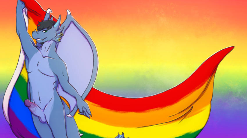 anthro balls black_hair blue_balls blue_body blue_penis blue_wings dragon ear_frill erection fangs flag frill_(anatomy) frill_piercing furgonomics furry-specific_piercing gay genitals glans green_eyes hair holding_flag holding_object humanoid_genitalia humanoid_penis lgbt_pride lionfloof looking_at_viewer male membrane_(anatomy) membranous_wings navel nose_spike nude penis piercing portrait pride_colors purple_glans rainbow_pride_colors short_hair smile solo standing teeth three-quarter_portrait wings