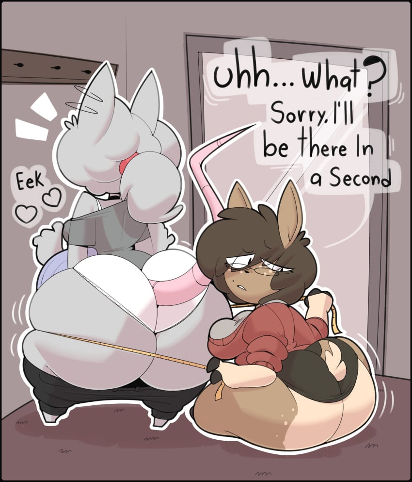 2girls anthro ass big_ass big_breasts black_panties bottom_heavy breasts brown_hair deer_girl elisa_(maddeku) english_text fat female female_only heart huge_ass maddeku measuring measuring_ass measuring_tape ponytail rat rat_girl rat_tail small_breasts speech_bubble text white_panties