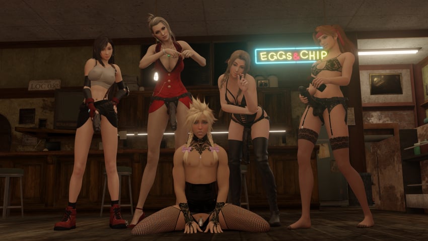 1boy 3d 4girls aerith_gainsborough bar black_hair blonde_hair brown_hair chastity chastity_cage clothed cloud_strife crossdressing crossdressing_male dominant dominant_female female femboy femdom final_fantasy final_fantasy_vii final_fantasy_vii_remake green_eyes headband imminent_pegging jessie_rasberry lingerie looking_at_viewer male multiple_girls pegging pinching_gesture piper_perri_surrounded scarlet_(ffvii) small_penis small_penis_gesture small_penis_humiliation strap-on submissive submissive_male teasing thenaysayer34 tifa_lockhart twintails