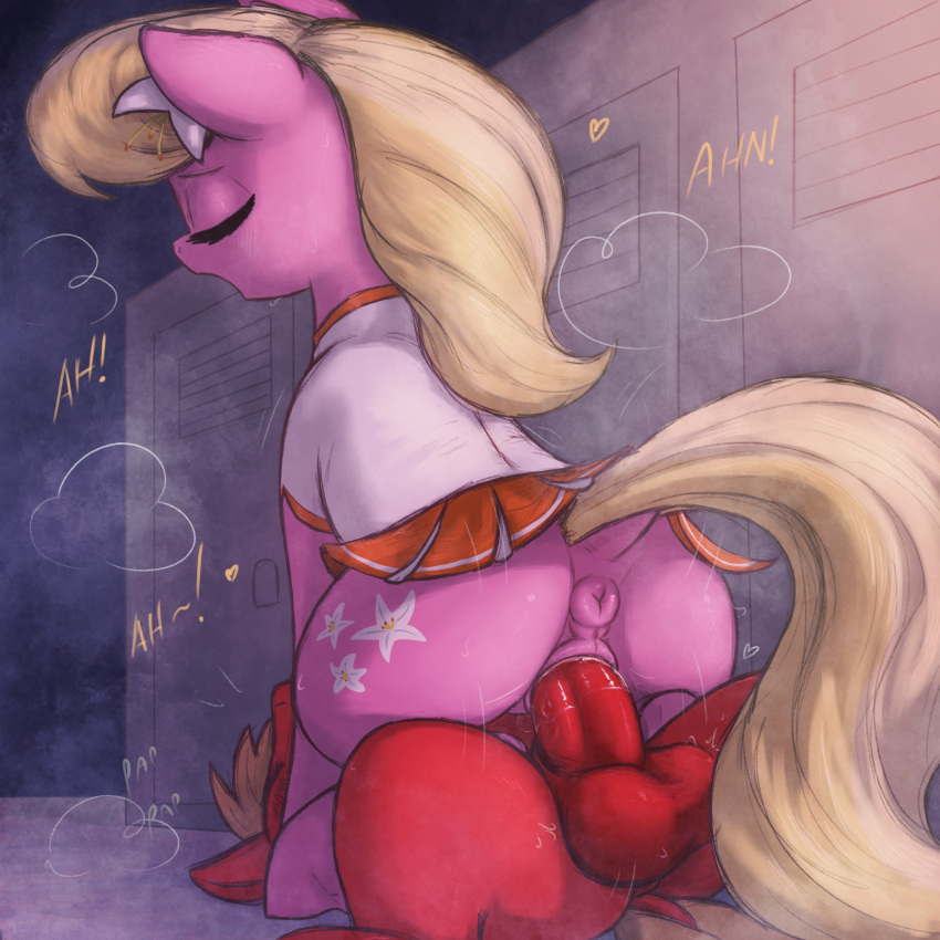 1:1 absurd_res anus ass balls big_macintosh_(mlp) blonde_hair bottomless bottomless_skirt bottomwear clothing cowgirl_position equid equine feral feral_on_feral feral_penetrated feral_penetrating feral_penetrating_feral friendship_is_magic from_front_position genitals hair hasbro hi_res lily_(mlp) locker_room mammal my_little_pony on_bottom on_top penetration penis pussy sex skirt t72b upskirt upskirt_sex