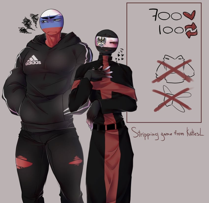 adidas_logo countryhumans eyepatch hoodie prussia_(countryhumans) ripped_pants russia_(countryhumans) strip_game