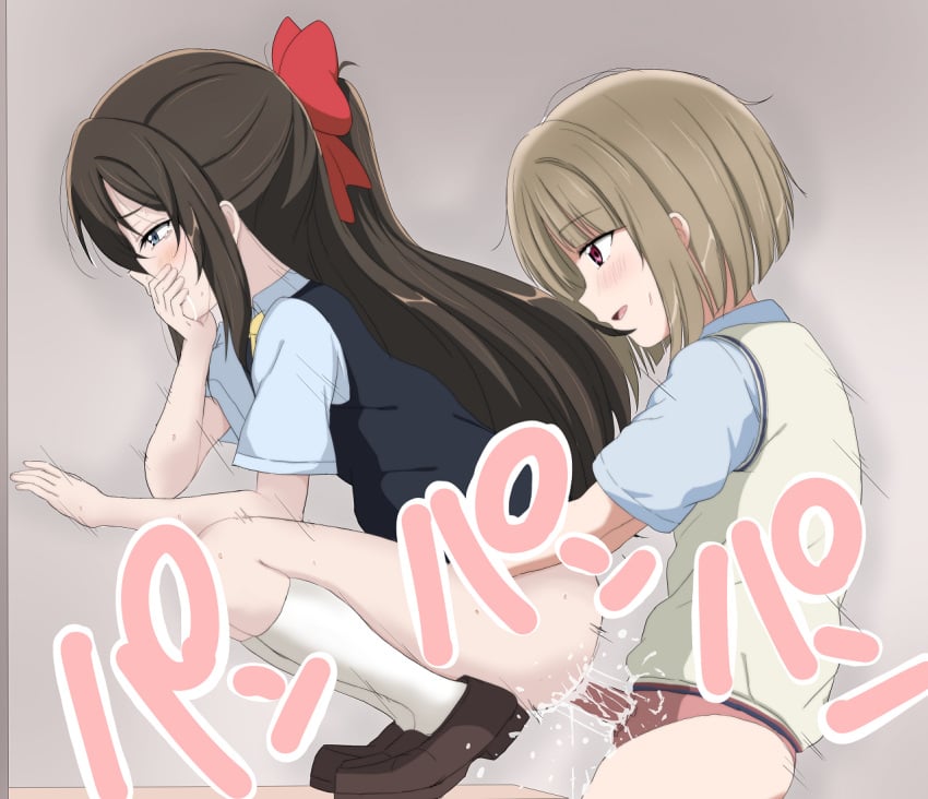 2girls arms_around_waist asymmetrical_hair behind_another blue_eyes blunt_bangs blush bob_cut brown_hair commentary covering_mouth dildo drooling grey_background hair_between_eyes hair_ribbon half-closed_eyes light_brown_hair long_hair love_live! love_live!_nijigasaki_high_school_idol_club messy_hair motion_lines multiple_girls nakasu_kasumi nijigasaki_academy_school_uniform no_pants on_table ousaka_shizuku partially_undressed ponytail pussy_juice red_eyes ribbon saliva school_uniform sex sex_from_behind sex_toy short_hair sideways_mouth smile sound_effects squatting strap-on sweat table tearing_up tottsan yuri