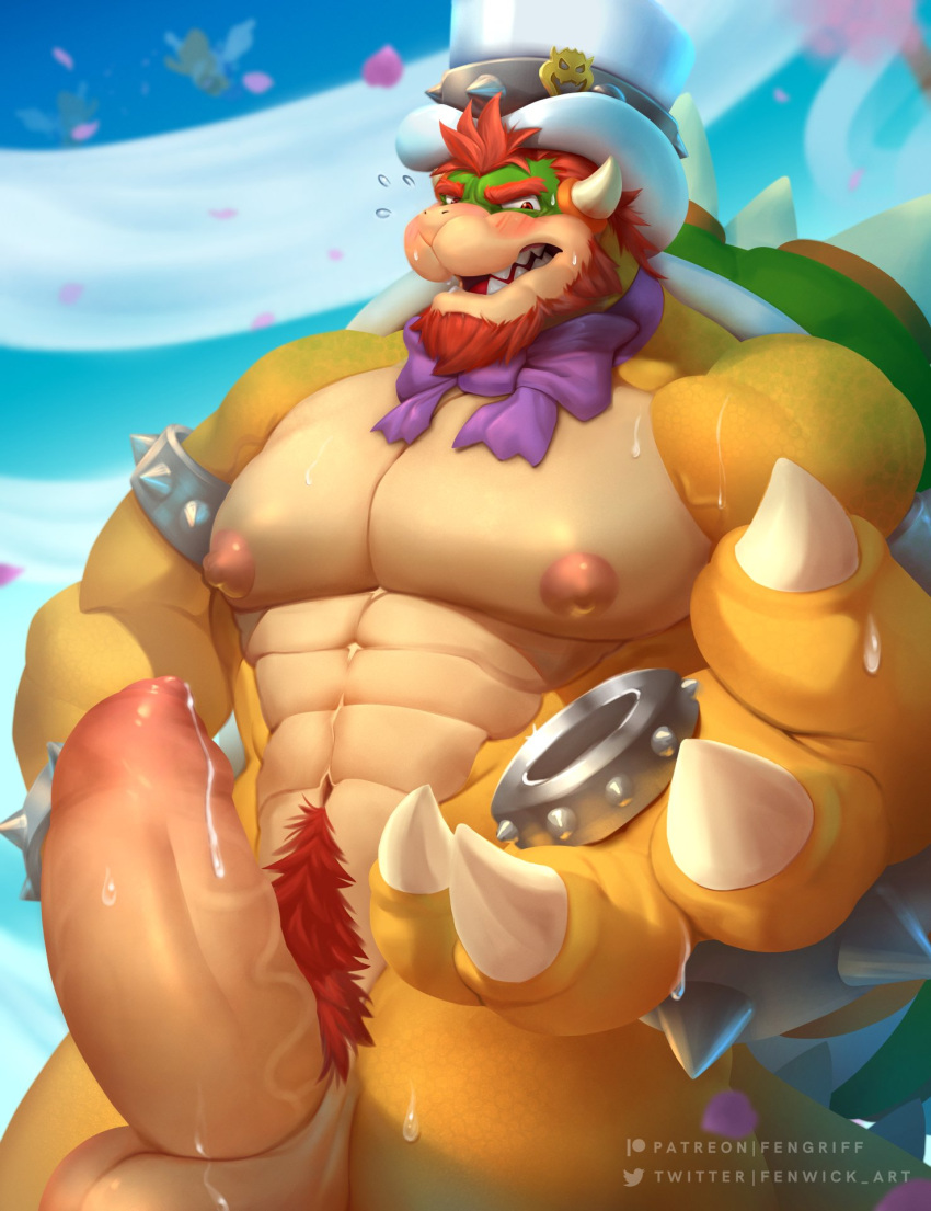 1boy balls bara big_penis blush bowser bowtie daddy fenwick_art functionally_nude gay gay_male hairy headgear horns male male_only mario_(series) muscles nintendo nipples open_mouth penis red_hair scalie sharp_teeth solo solo_male super_mario_bros._(2023_film) tophat