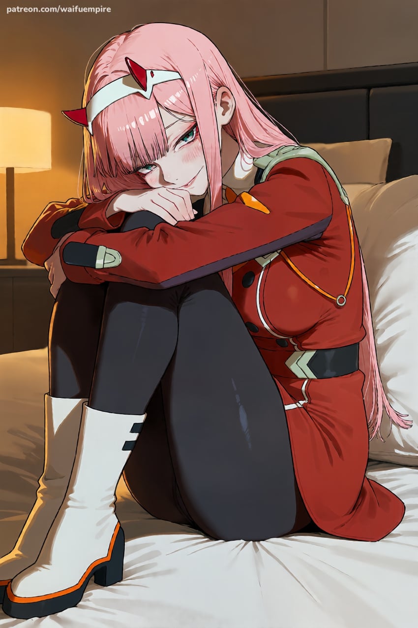 1girl ai_generated aqua_eyes bangs black_legwear blush boots breasts darling_in_the_franxx eyebrows_visible_through_hair hairband hi_res high_quality high_resolution horns long_hair looking_at_viewer military military_uniform oni_horns pantyhose patreon pink_hair seductive sexy shiny sitting solo uncensored uniform watermark white_footwear white_hairband zero_two_(darling_in_the_franxx)
