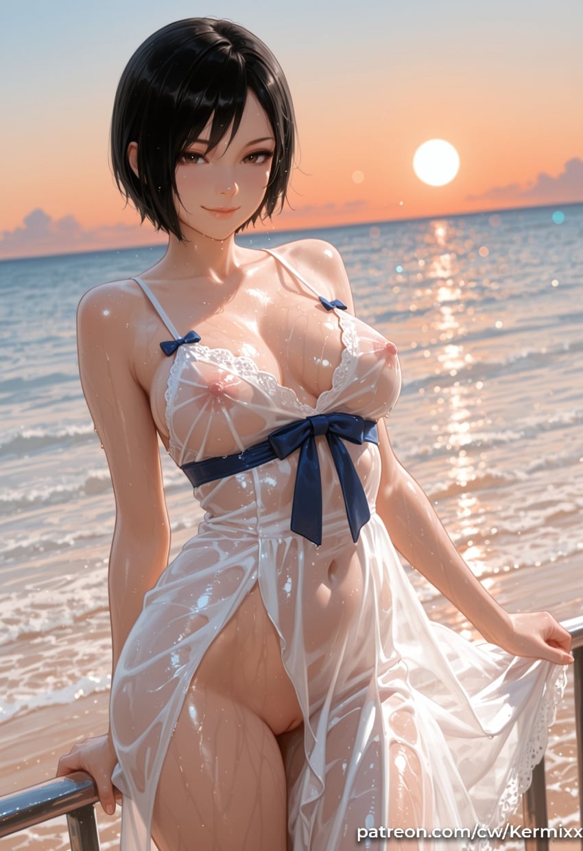 1girl ada_wong against_railing ai_generated artist_name bare_shoulders beach black_hair bow breasts brown_eyes cleavage cleft_of_venus closed_mouth collarbone covered_navel covered_nipples cowboy_shot dress dress_lift evening gradient_sky horizon kermixx large_breasts lips looking_at_viewer navel nipples no_bra no_panties ocean outdoors patreon_username pussy railing resident_evil ribbon see-through see-through_dress shiny_skin short_hair sky smile solo spaghetti_strap standing sun sundress sunset thighs uncensored water wet wet_clothes wet_dress white_dress